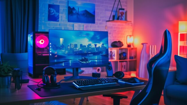 An illuminated gaming station with a high-performance PC and dual monitors creates a cozy and captivating atmosphere for an ultimate gaming experience.
