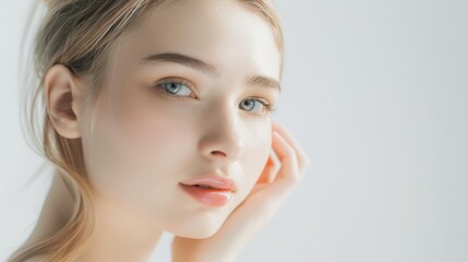 Fototapeta premium A young woman with porcelain-like skin gazes softly at the camera, her expression reflecting innocence and tranquility in a minimalistic setting.