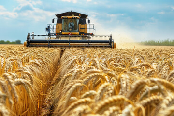 Fototapeta premium Combine harvester harvesting ripe wheat on big wheat field and tractor. Agricultural activity and farming concept