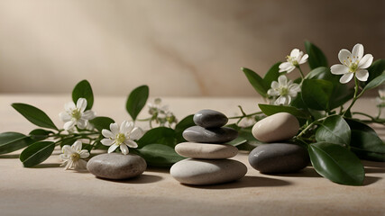  spa ambiance with balanced stones and blooming magnolia in beige background