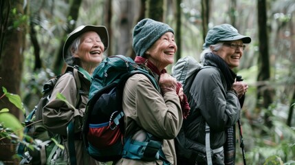Fototapeta premium Three elderly women laugh joyfully while hiking in the forest, equipped with backpacks and outdoor gear.