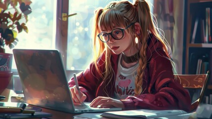 Anime Girl Working on Laptop