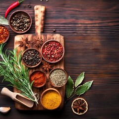 Spices and Herbs on a Vintage Cutting Board Background