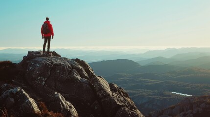 Fototapeta premium An explorer in a red jacket stands on a rocky cliff, gazing over expansive, mountainous terrain under a clear sky.