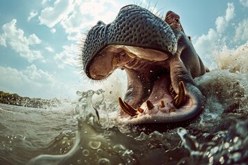 The hippopotamus opens its mouth in the water, showing huge fangs