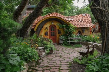 Fototapeta premium A small house with a garden in the middle, surrounded by trees and flowers, A frame with a scalloped edge for a playful, whimsical touch, AI generated