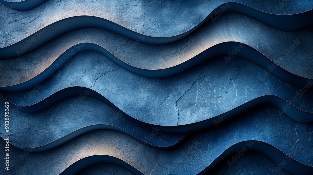 Poster waves of blue textured surface creating a dynamic visual effect in modern design