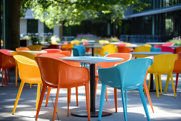 Obraz premium Brightly colored chairs surround central table in outdoor dining area