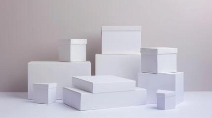 A minimalist arrangement of various sizes of white boxes against a soft gray background, creating a modern and clean visual appeal.