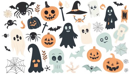 Cute Halloween clipart set with pumpkins, ghosts, bats, and more.