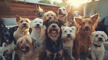 A group of happy dogs of various breeds and sizes gather on a sunny patio, their excited faces capturing a moment of sheer joy and playfulness.