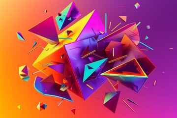 Vibrant abstract art with floating geometric shapes, sharp angles, and a mix of neon colors, all set against a gradient background shifting from purple to orange.