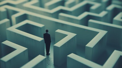 A lone figure in a stark, intricate maze, casting a sense of solitude and contemplation with long shadows and muted tones.