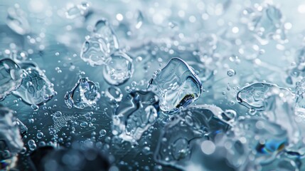 Frozen water droplets and ice cubes glistening in a close-up shot, creating a refreshing and cold visual.