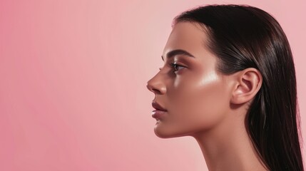 Fototapeta premium A woman with impeccable skin features a side profile shot against a soft pink background, emphasizing the seamless transition of light and shadow on her face.
