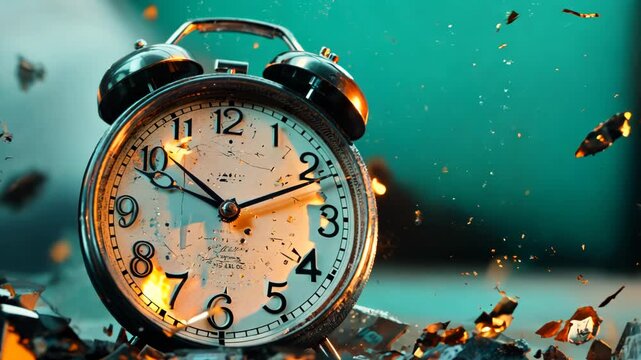 Exploding alarm clock with flying fragments, slow motion destruction of time concept