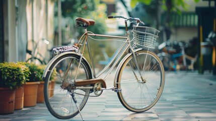Fototapeta premium A vintage bicycle stands elegantly parked on a tiled path amidst potted plants, emanating charm and nostalgic simplicity.