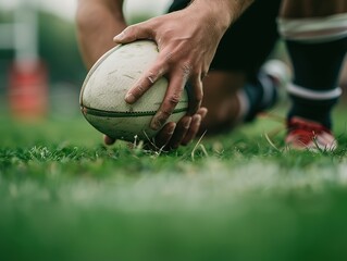 Close-up of hands gripping rugby ball placed on red plastic tee against green grass background, with players blurred in the distance during intense stadium match, emphasizing the dynamic nature 