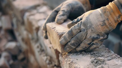 Fototapeta premium Close-up of gloved hands skillfully placing a brick on a neatly arranged wall in the process of construction.