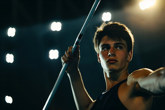 Determined Athlete Preparing for Javelin Throw in Stadium