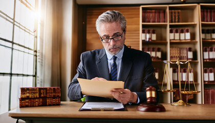 an image of a lawyer in a law firm, reviewing legal documents at a desk, surrounded by law books, case files, and a professional workspace