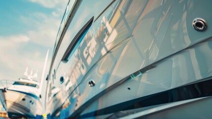 Obraz premium A yacht reflecting sunlight sits in a pristine marina, displaying sleek lines and intricate reflections against a vibrant sky.