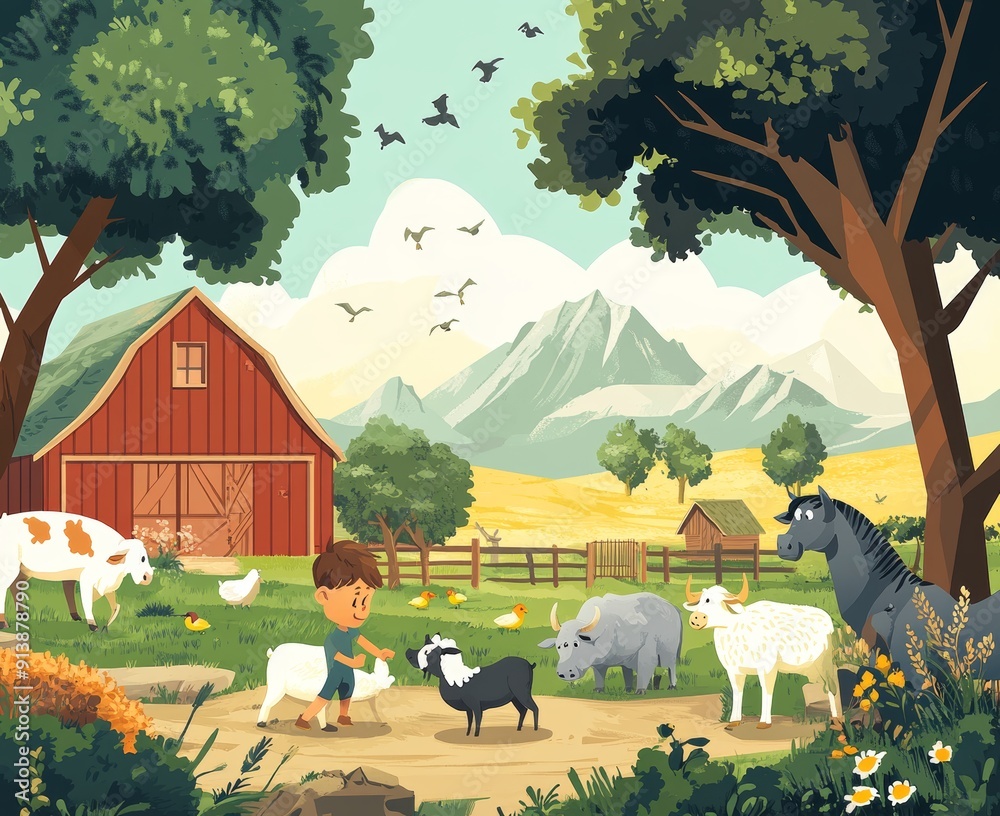 Wall mural The farmer and his farm animals are depicted in a cartoon