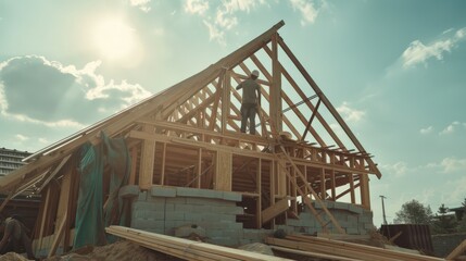 Fototapeta premium A construction worker stands on a roof frame during a sunny day, with a partially built house and open sky in the background.