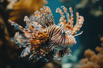 Close-up of a Lionfish with Intricate Fin Patterns in an Aquarium Setting