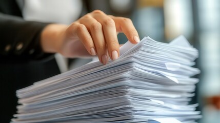 Businesswoman s hand on a stack of documents, close-up, representing hard work, no face shown