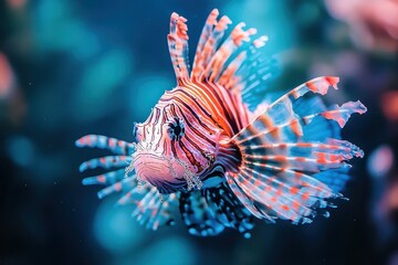 A Close-Up of a Lionfish with Striking Red, White, and Blue Stripes