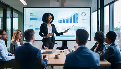 Fototapeta premium an image of a leader conducting a meeting with managers, showing a leadership presentation on a screen, emphasizing teamwork and strategy