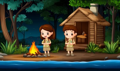 Cartoon boy and girl light a bonfire in a cave