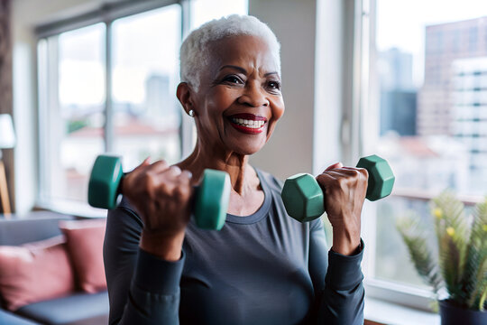 Mujer mayor haciendo ejercicio. Se&ntilde;ora levantando pesas para mantenerse en forma. Mujer de pelo blanco y corto sonriendo. Concepto ejercicio personas senior.