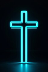 Holy neon glowing cross of Jesus Christ. Religious symbol of faith and prayer. Isolated on a dark background highlighting the cross brightness. Light in the darkness, a sign of hope.