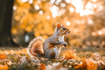 Obraz premium A Squirrel Perched on a Bed of Autumn Leaves