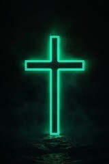 Holy glowing neon cross of Christ. Symbol of faith, spirituality, and prayer. Isolated on a dark background highlighting the cross brightness. Light in the darkness.