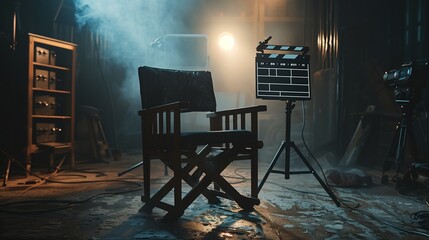 Empty Director's Chair and Clapperboard in Dimly Lit Studio With Smoke and Backlighting