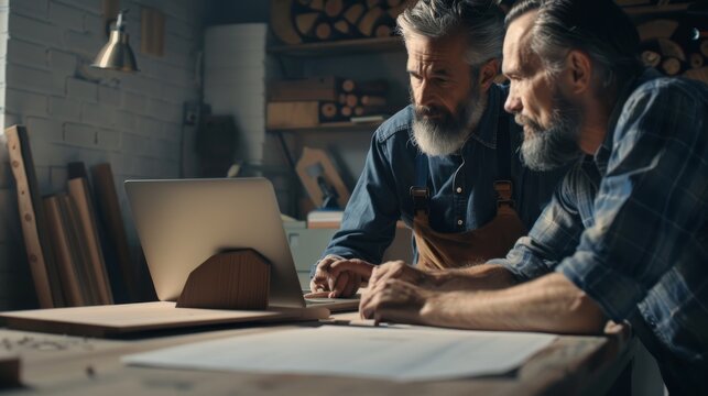 Two elderly craftsmen in a woodworking shop, deeply engrossed in reviewing plans on a laptop, surrounded by tools and wooden materials.