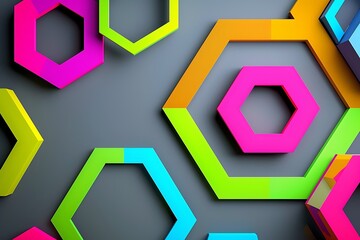 Vibrant abstract composition of overlapping geometric shapes, including hexagons and triangles in neon colors, on a grey background.