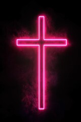 Neon cross of Jesus Christ glowing brightly. Symbol of faith, prayer, and spirituality. Isolated against a dark background, the neon cross shines. Light in the darkness.