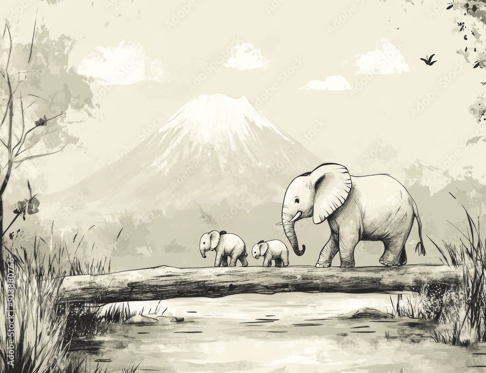 Wall mural animated cartoon elephant crossing the river on a tree trunk bridge with her cubs