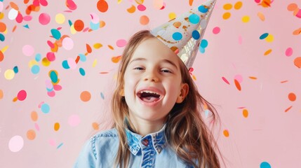 A cheerful girl in a party hat laughing amidst vibrant confetti falling from above against a pastel pink background.