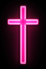 Obraz premium Holy glowing neon crucifix of Jesus Christ. Symbol of faith, religion, and prayer. Isolated on a dark background highlighting the cross brightness. Light in the darkness.