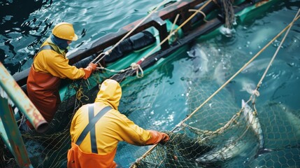 Two workers in protective gear haul a fishing net full of fish onto a boat under bright sunlight.