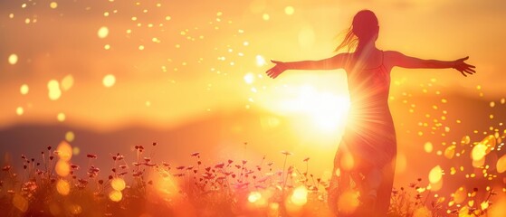 Naklejka premium Silhouette of a woman with outstretched arms embracing the sunset in a field, symbolizing freedom, hope, and connection with nature.