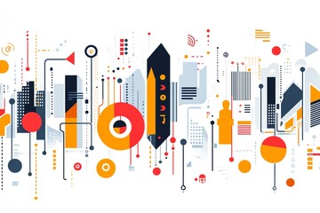 Abstract geometric cityscape with colorful lines, shapes, and symbols