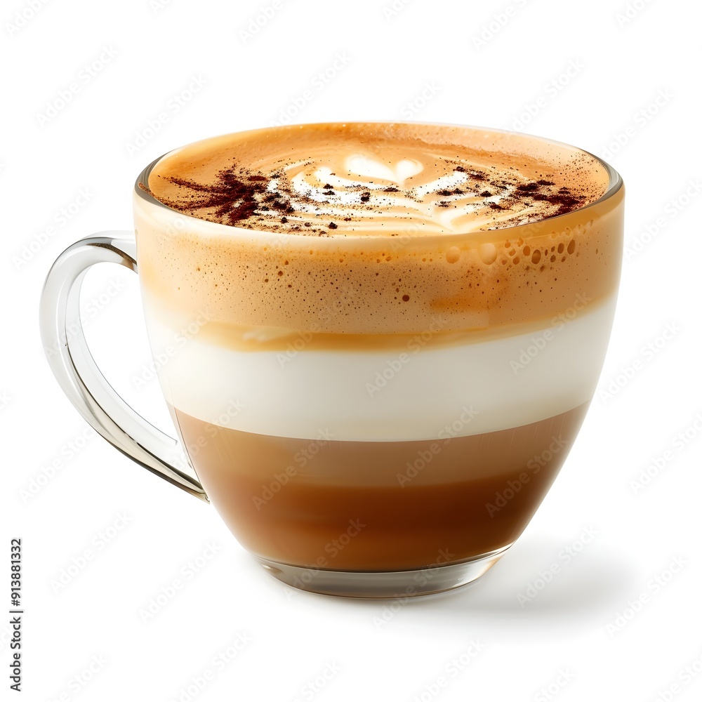 Sticker Beautifully Layered Latte in Transparent Coffee Cup on White Background