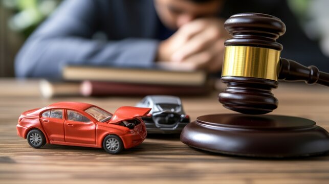 Close-up of a judge's gavel and two small toy car models colliding on a desk in a courthouse. Concept of lawyer services, vehicle accident case study, and insurance coverage, car accident.