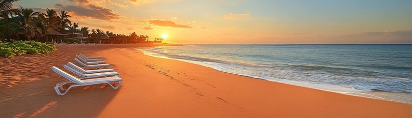 Obraz premium Golden sandy beach with sun loungers and a vibrant sunset, Summer beach holiday escape, summer, relaxation, beach